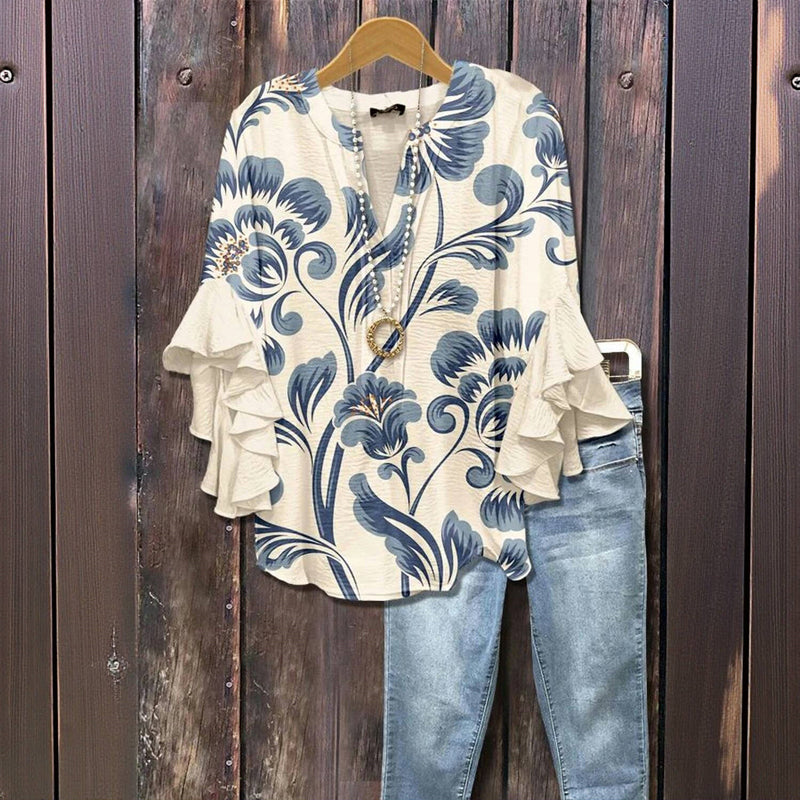 Women's Floral Long Sleeve V-Neck Blouse Top