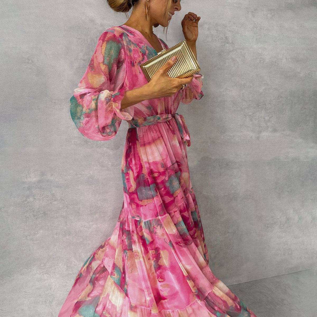 Women’s Floral Wrap Maxi Dress with Long Sleeves