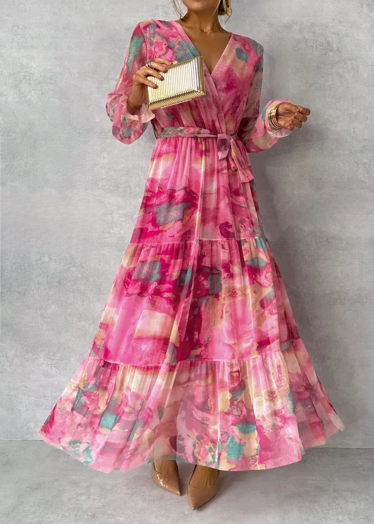 Women’s Floral Wrap Maxi Dress with Long Sleeves