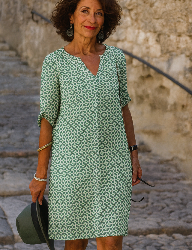Women's Knee-Length Geometric Print Dress with V-Neck and 3/4 Sleeves