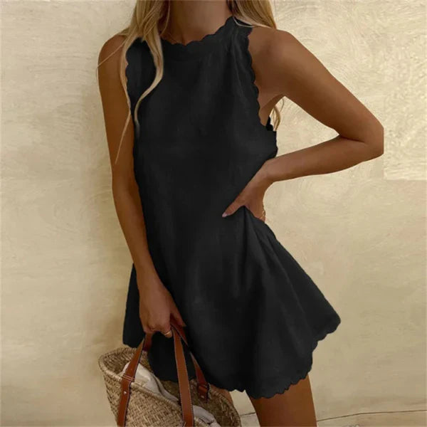 Women's Linen Knee-Length Dress with O-Neck and Relaxed Fit