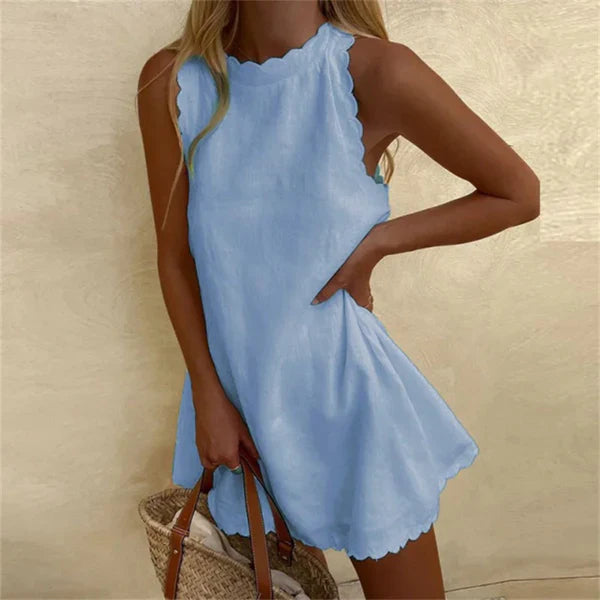 Women's Linen Knee-Length Dress with O-Neck and Relaxed Fit