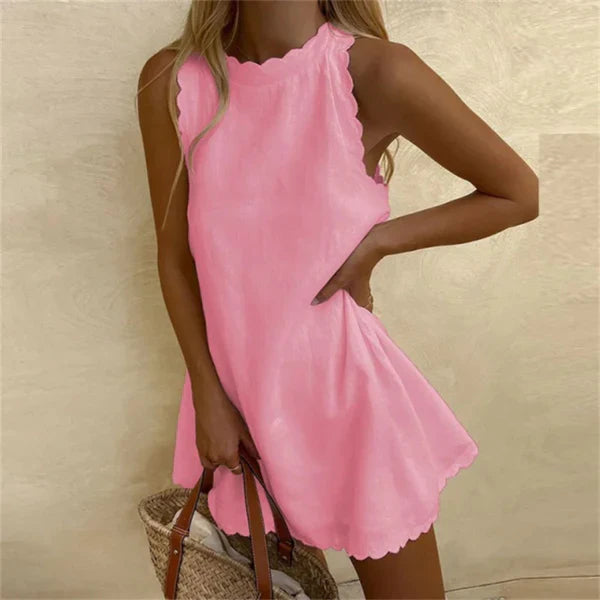 Women's Linen Knee-Length Dress with O-Neck and Relaxed Fit