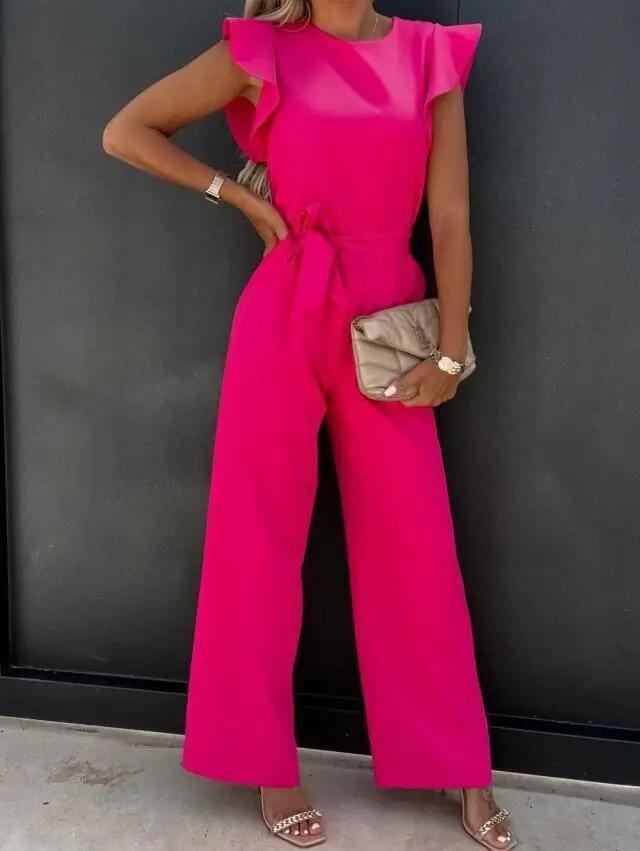 Women's Long Sleeve Wide-Leg Jumpsuit with Belted Waist
