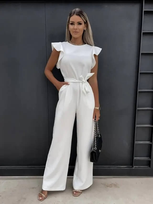 Women's Long Sleeve Wide-Leg Jumpsuit with Belted Waist