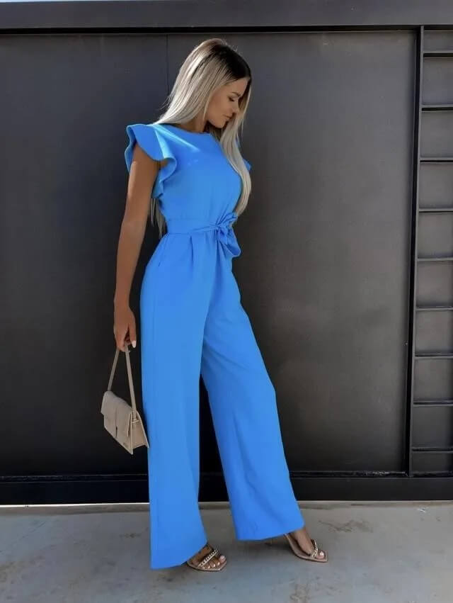 Women's Long Sleeve Wide-Leg Jumpsuit with Belted Waist