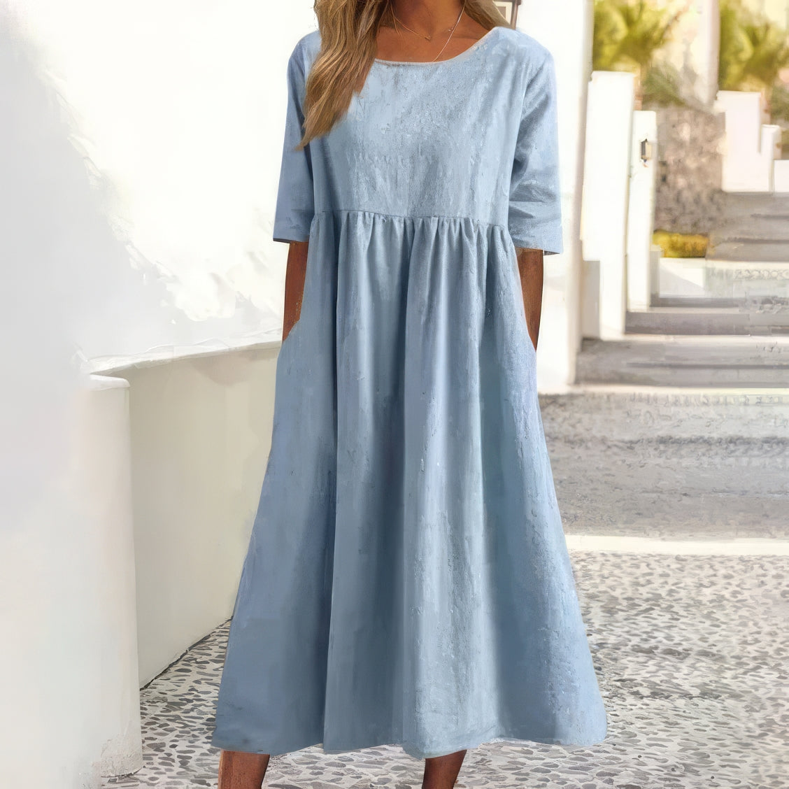 Women's Midi Cotton Dress with Pockets Casual Short Sleeve Outfit