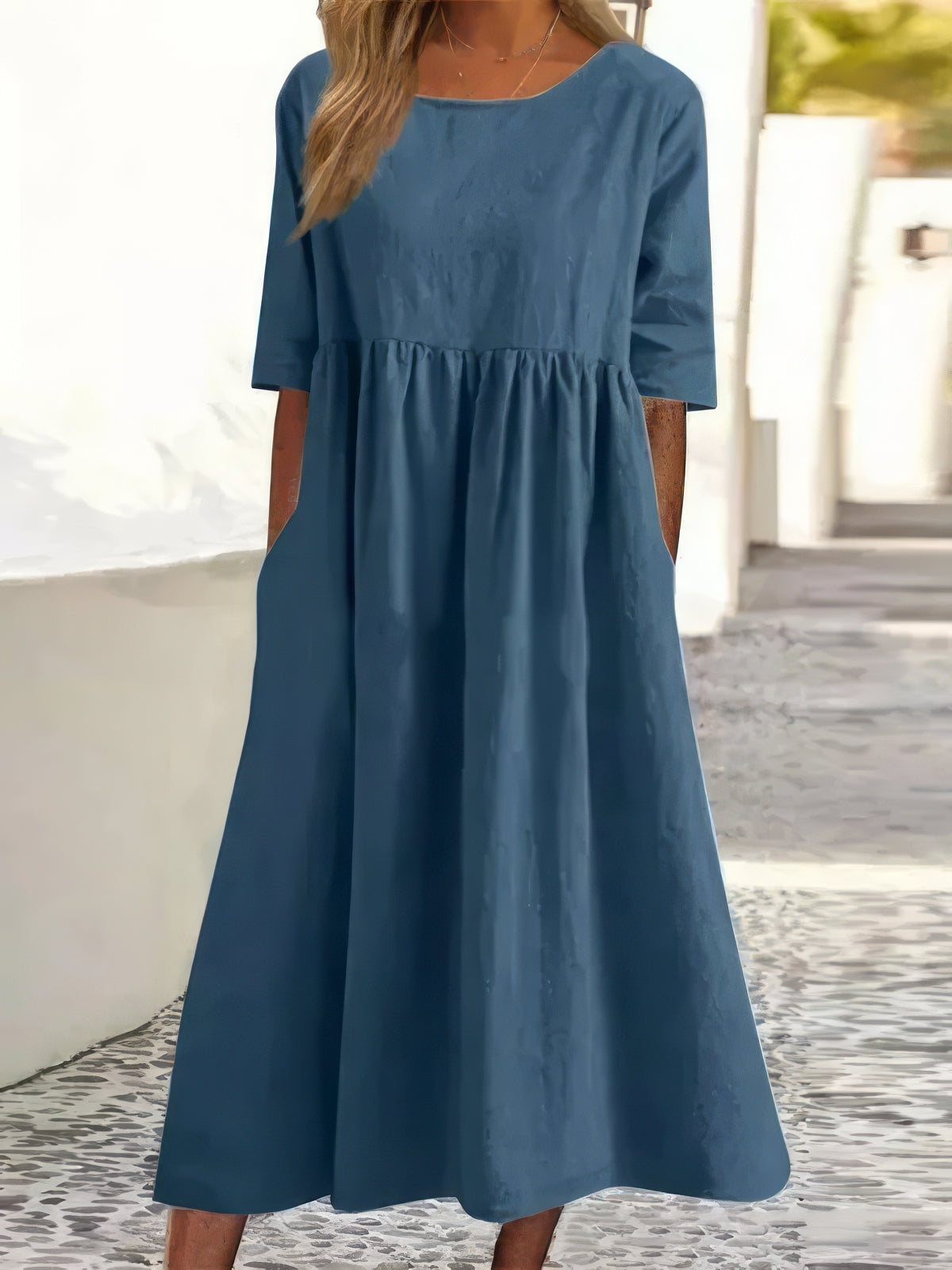 Women's Midi Cotton Dress with Pockets Casual Short Sleeve Outfit