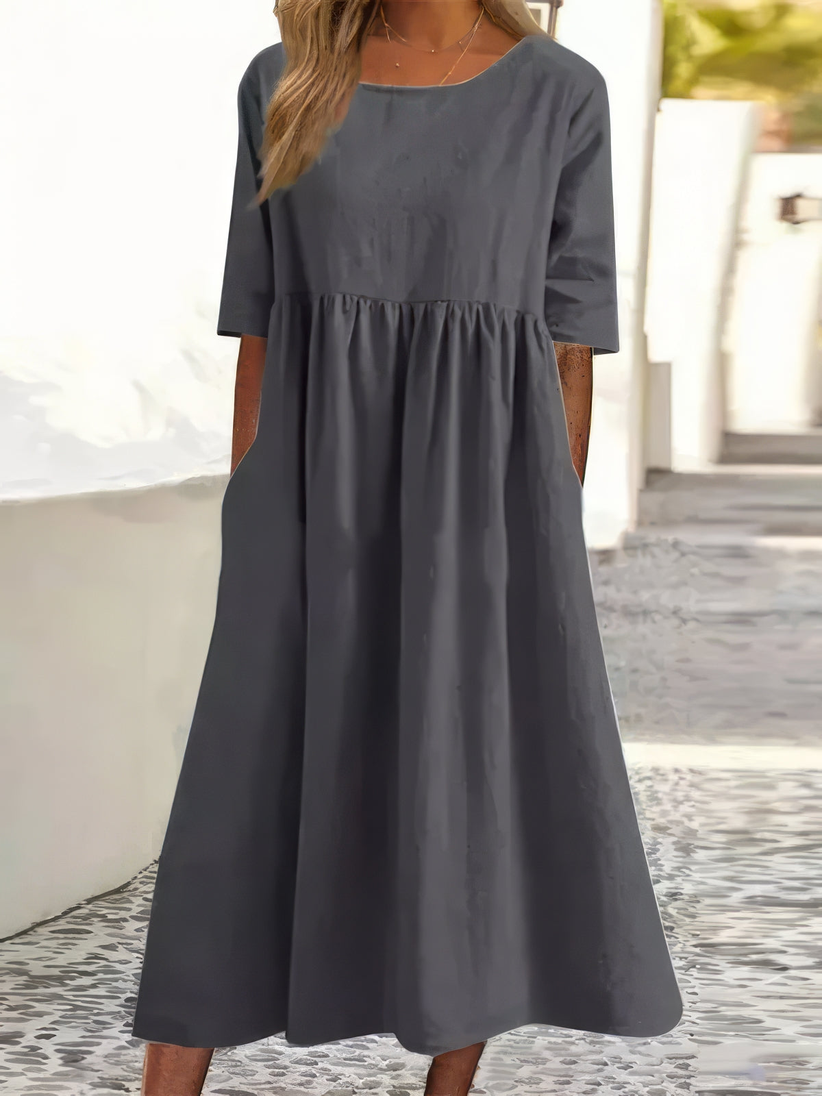 Women's Midi Cotton Dress with Pockets Casual Short Sleeve Outfit
