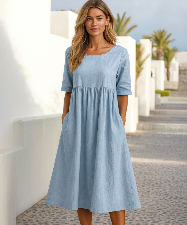 Women's Midi Cotton Dress with Pockets Casual Short Sleeve Outfit