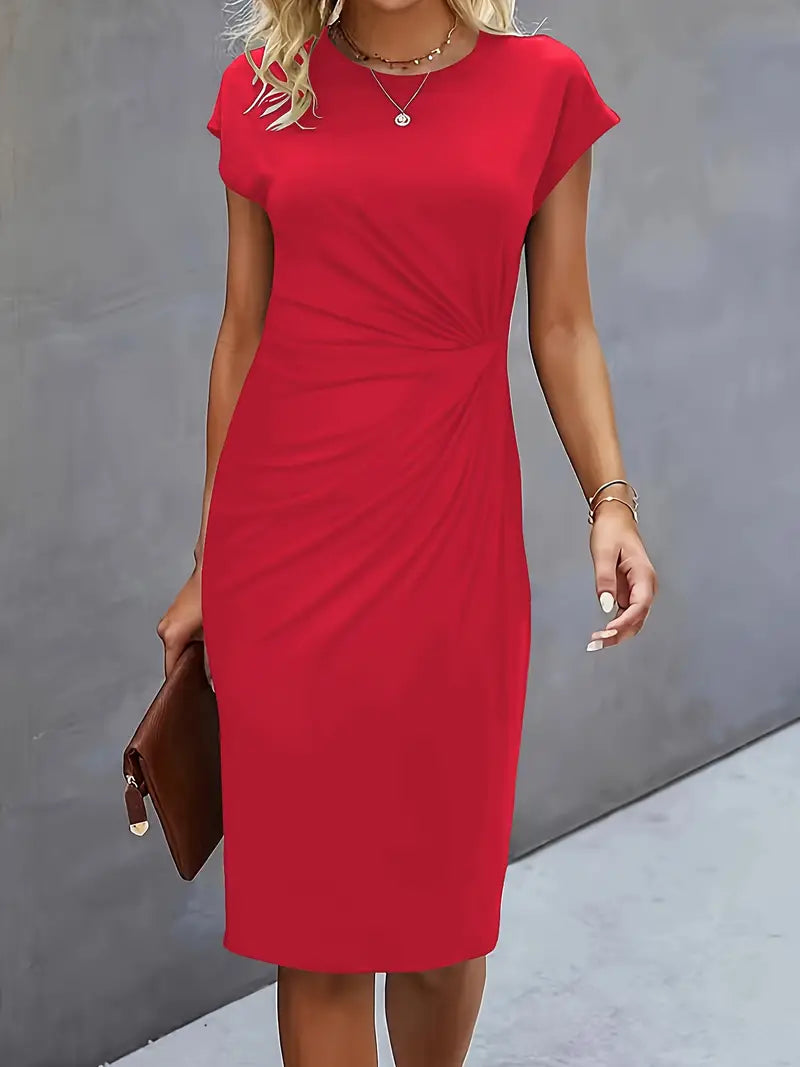 Women's Midi Dress with Round Neck and Short Sleeves for Workwear