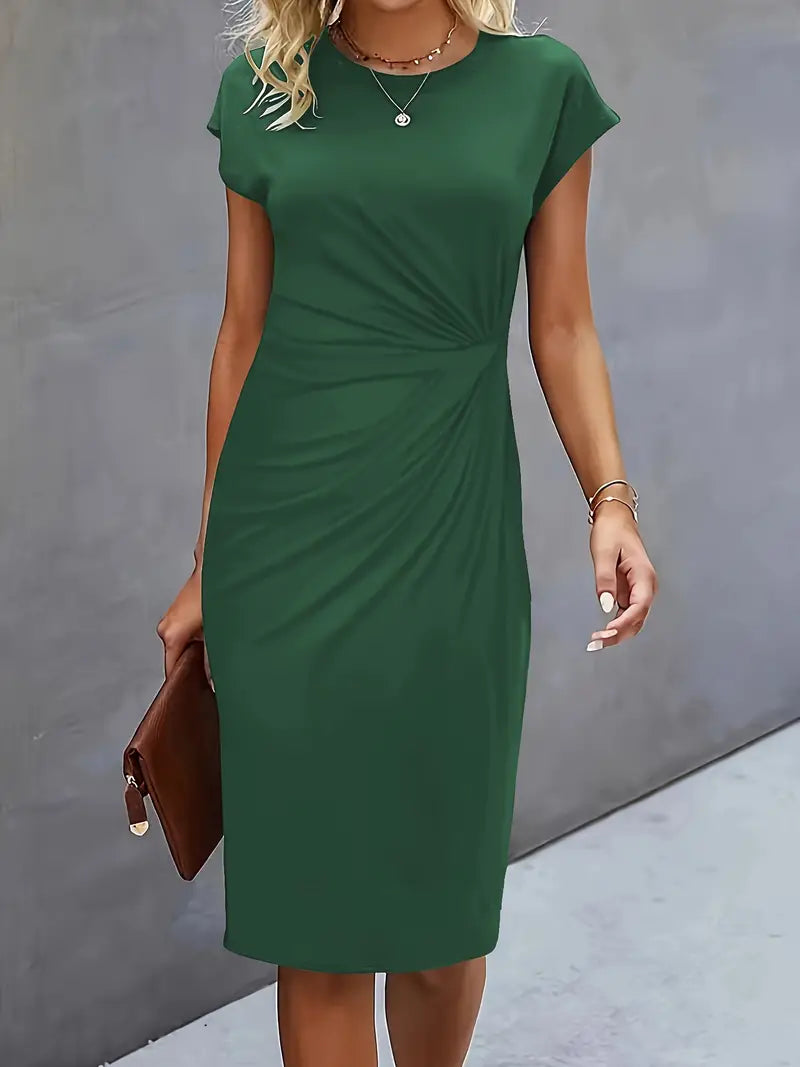 Women's Midi Dress with Round Neck and Short Sleeves for Workwear