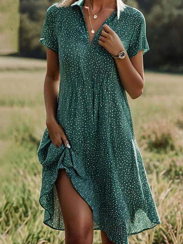 Women's Midi Dress with Short Sleeves and Button Front Closure
