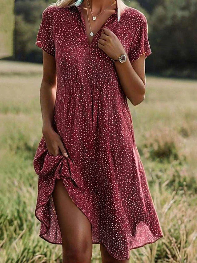 Women's Midi Dress with Short Sleeves and Button Front Closure