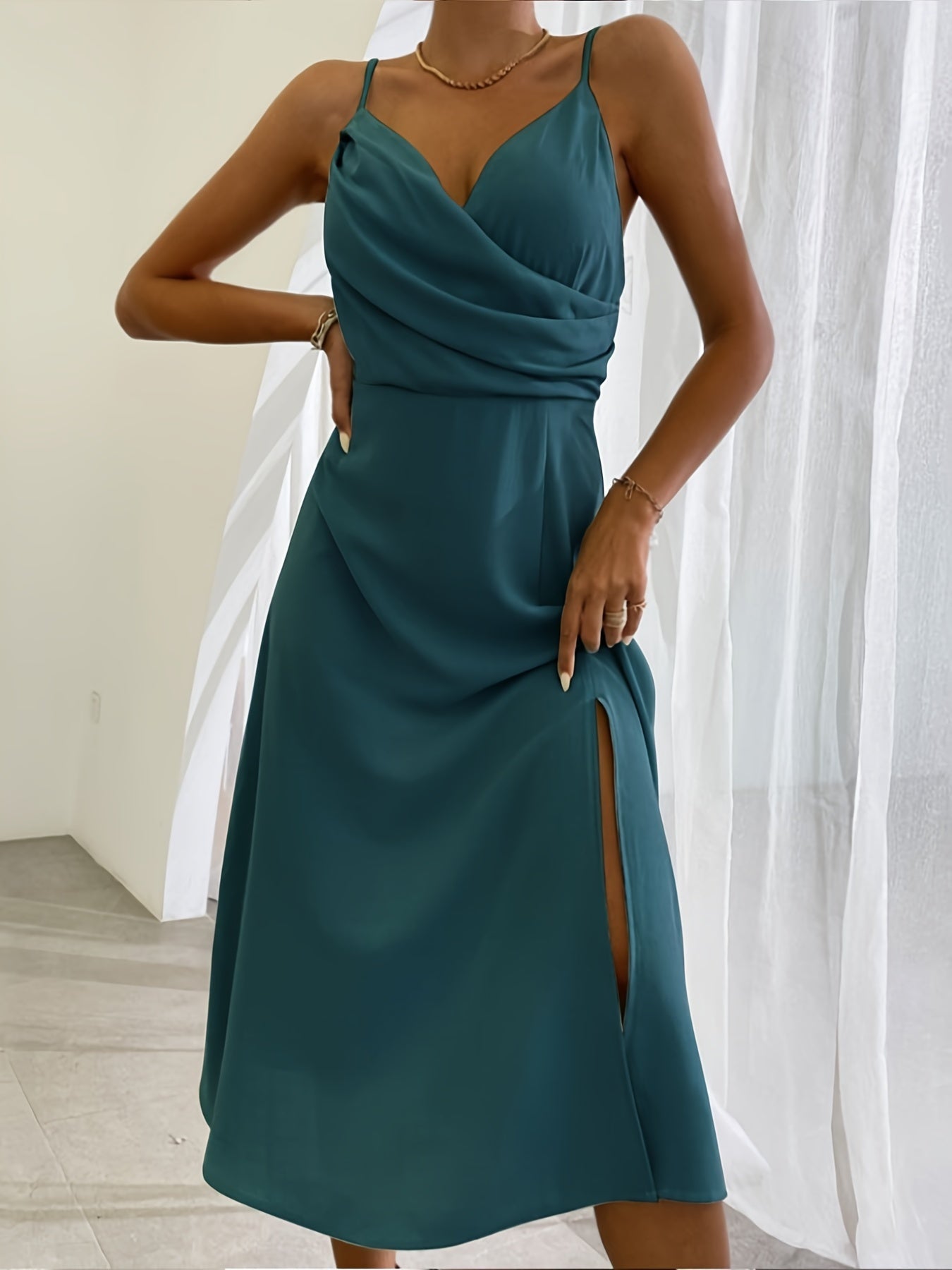 Women’s Midi Dress with V-Neck and Side Slit