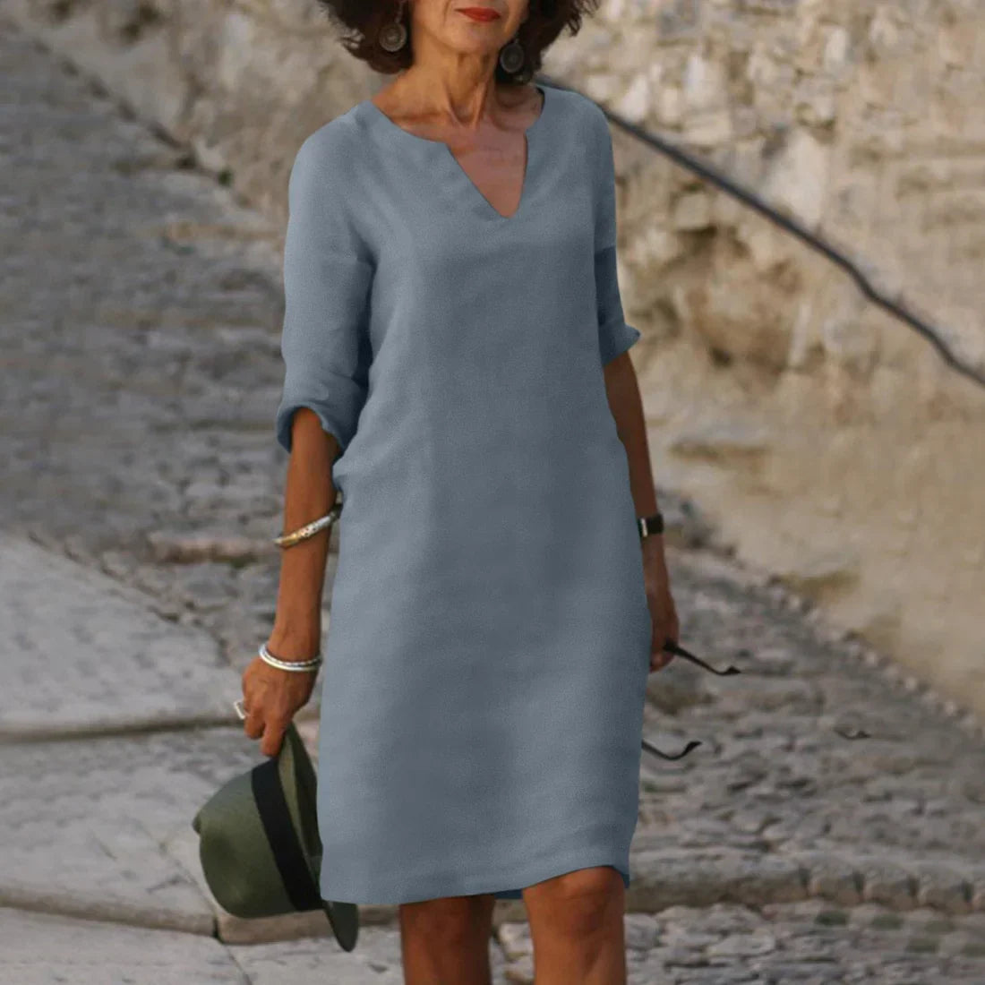 Women’s Mini Dress with V-Neck and 3/4 Sleeves Grey 5