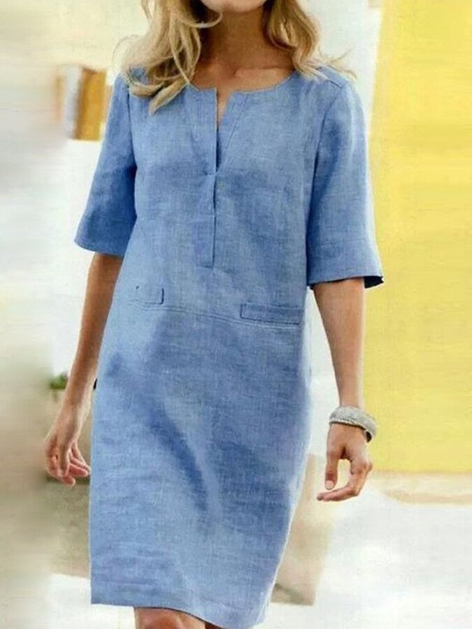Women's Short Sleeve Cotton Blend Dress with Crew Neckline