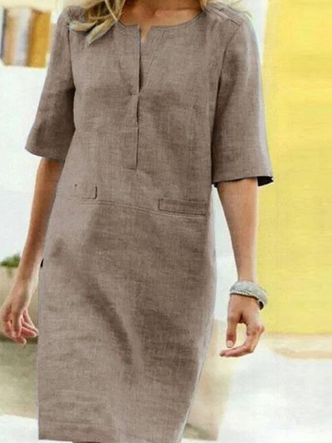 Women's Short Sleeve Cotton Blend Dress with Crew Neckline
