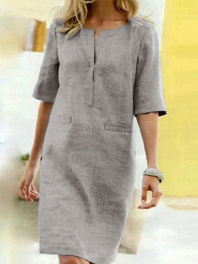 Women's Short Sleeve Cotton Blend Dress with Crew Neckline
