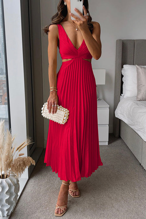 Women's Sleeveless V-Neck Pleated Midi Dress with Flowy Skirt