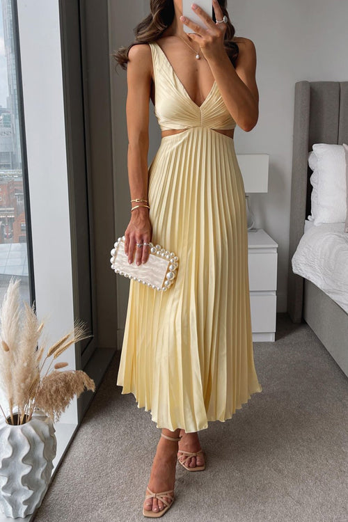 Women's Sleeveless V-Neck Pleated Midi Dress with Flowy Skirt