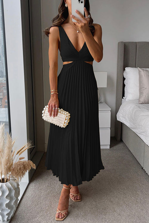 Women's Sleeveless V-Neck Pleated Midi Dress with Flowy Skirt