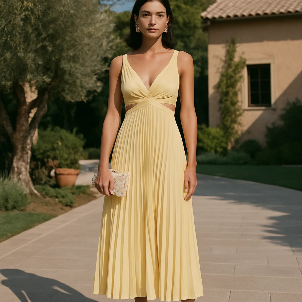 Women's Sleeveless V-Neck Pleated Midi Dress with Flowy Skirt