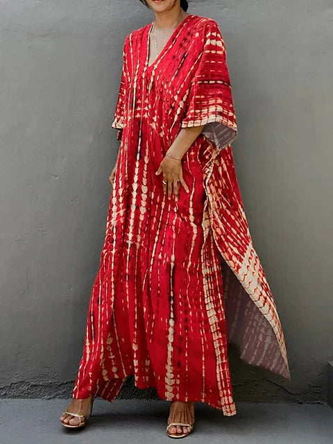 Women's Summer Kaftan Maxi Dress with V-Neck and Short Sleeves