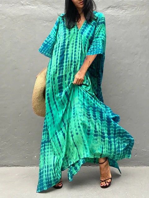 Women's Summer Kaftan Maxi Dress with V-Neck and Short Sleeves