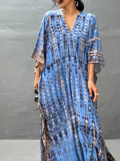 Women's Summer Kaftan Maxi Dress with V-Neck and Short Sleeves