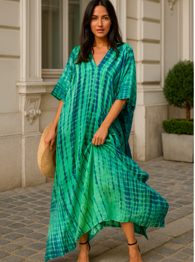 Women's Summer Kaftan Maxi Dress with V-Neck and Short Sleeves