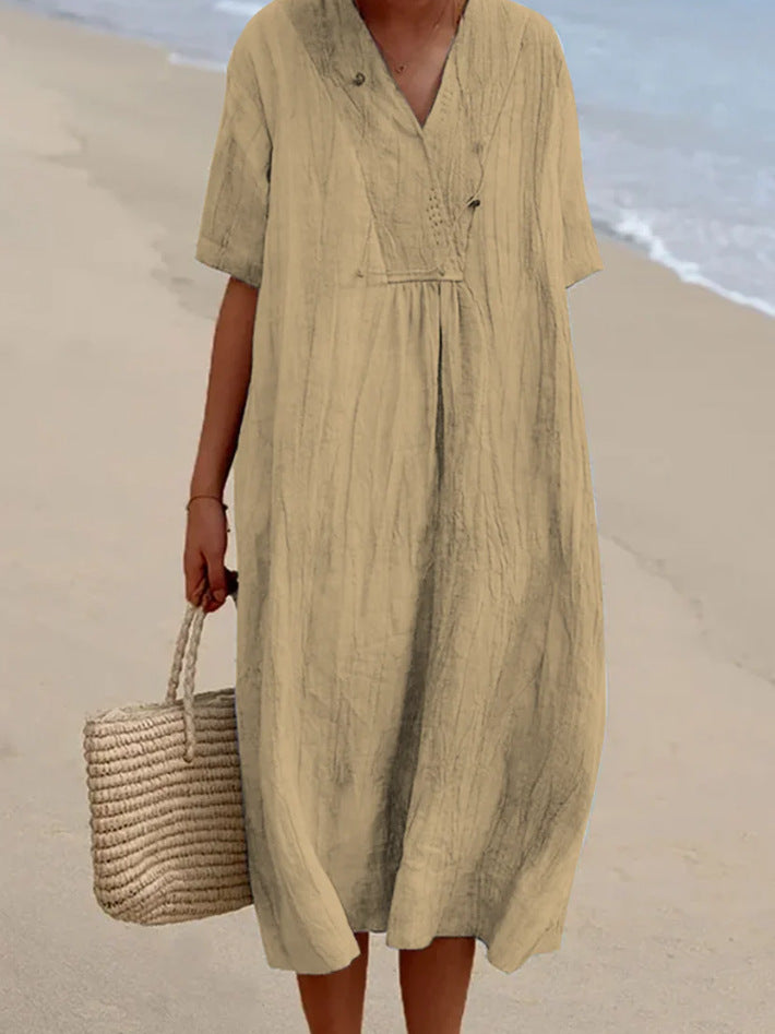 Women's V-Neck Cotton Blend Midi Dress with Tie Waist