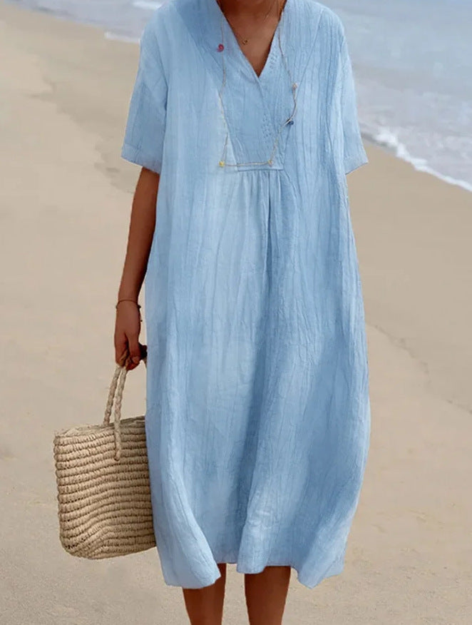 Women's V-Neck Cotton Blend Midi Dress with Tie Waist
