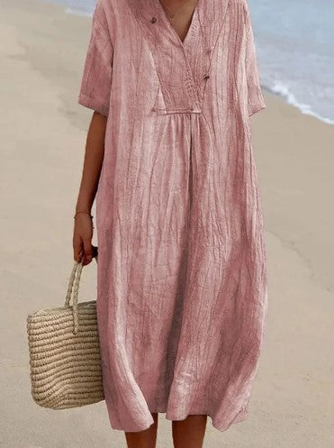 Women's V-Neck Cotton Blend Midi Dress with Tie Waist
