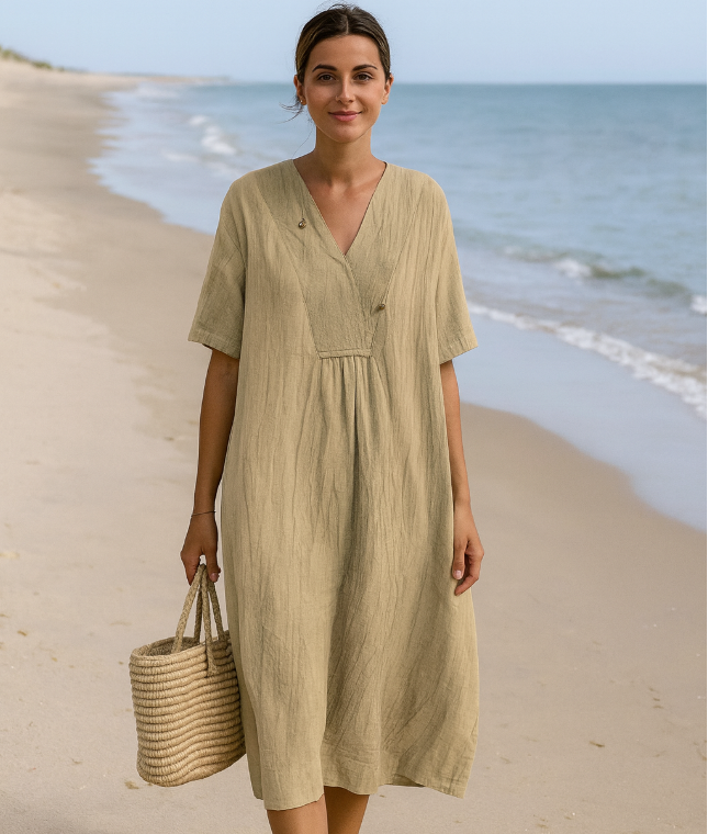 Women's V-Neck Cotton Blend Midi Dress with Tie Waist