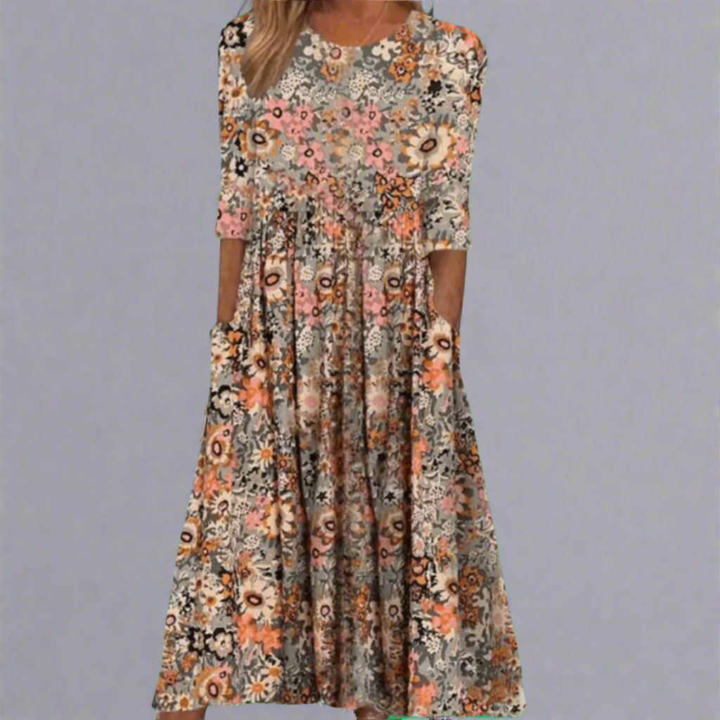 Women's V-Neck Floral Midi Dress with Short Sleeves Casual Style
