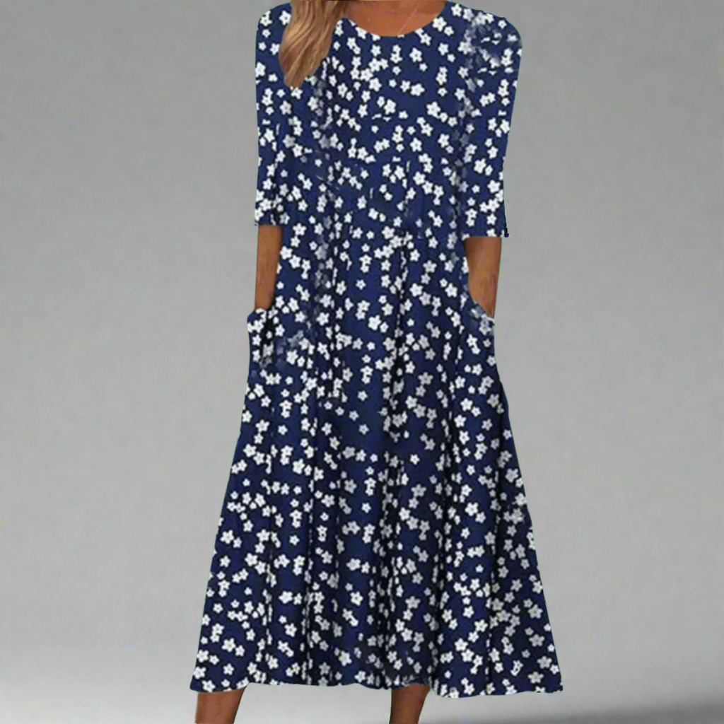 Women's V-Neck Floral Midi Dress with Short Sleeves Casual Style