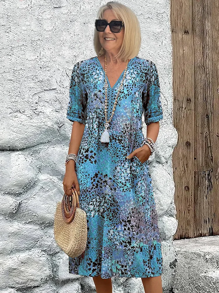 Women’s V-Neck Midi Dress with Short Sleeves
