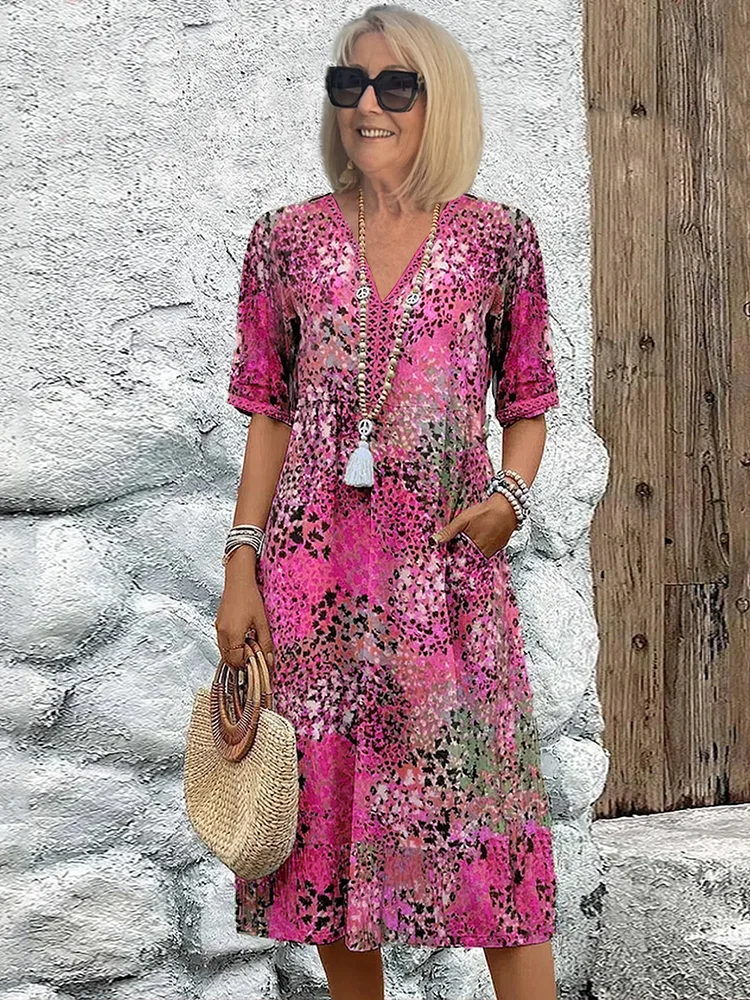 Women’s V-Neck Midi Dress with Short Sleeves