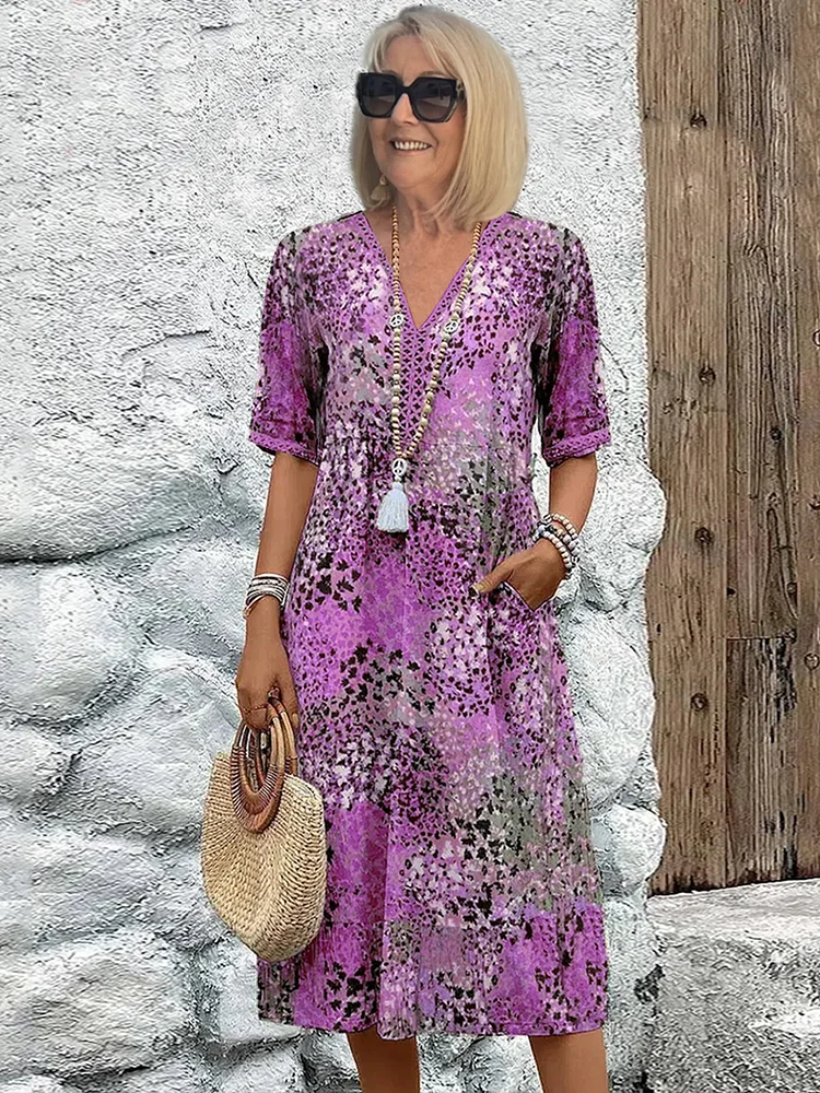 Women’s V-Neck Midi Dress with Short Sleeves