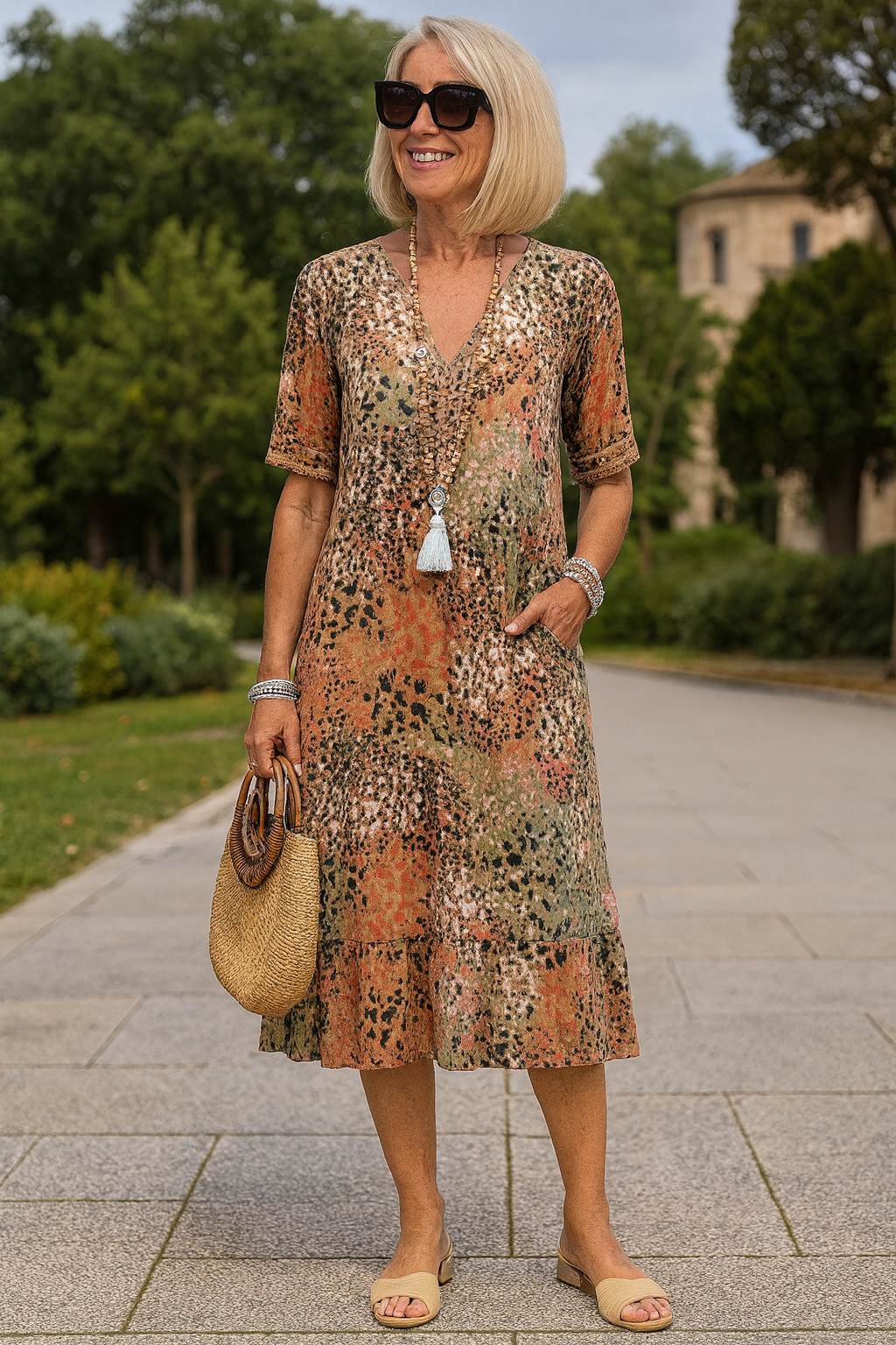 Women’s V-Neck Midi Dress with Short Sleeves