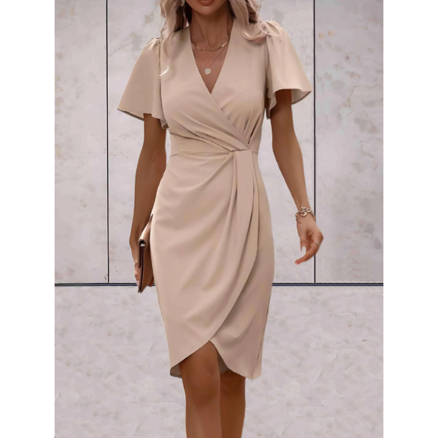 Women's V-Neck Midi Wrap Dress with Tie Waist for Formal Occasions
