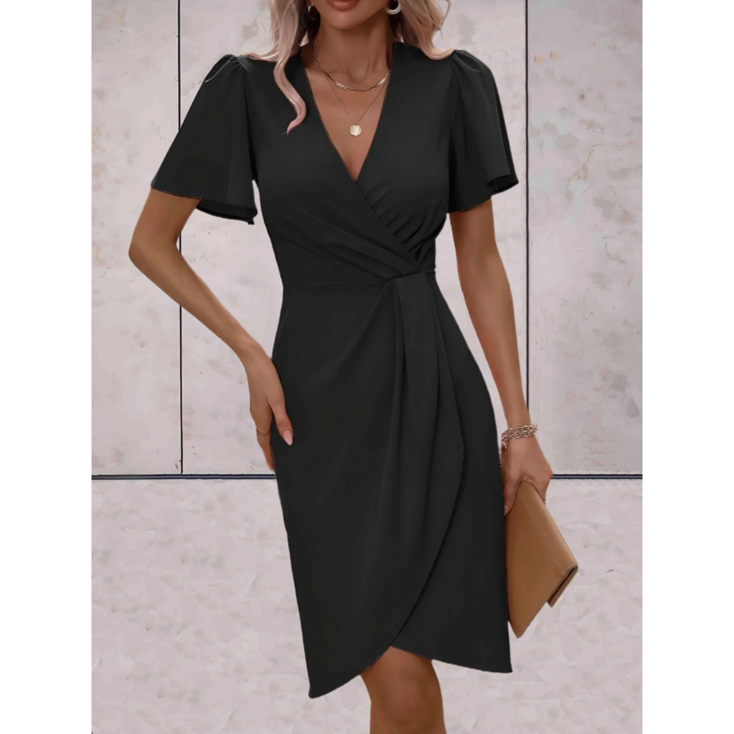 Women's V-Neck Midi Wrap Dress with Tie Waist for Formal Occasions