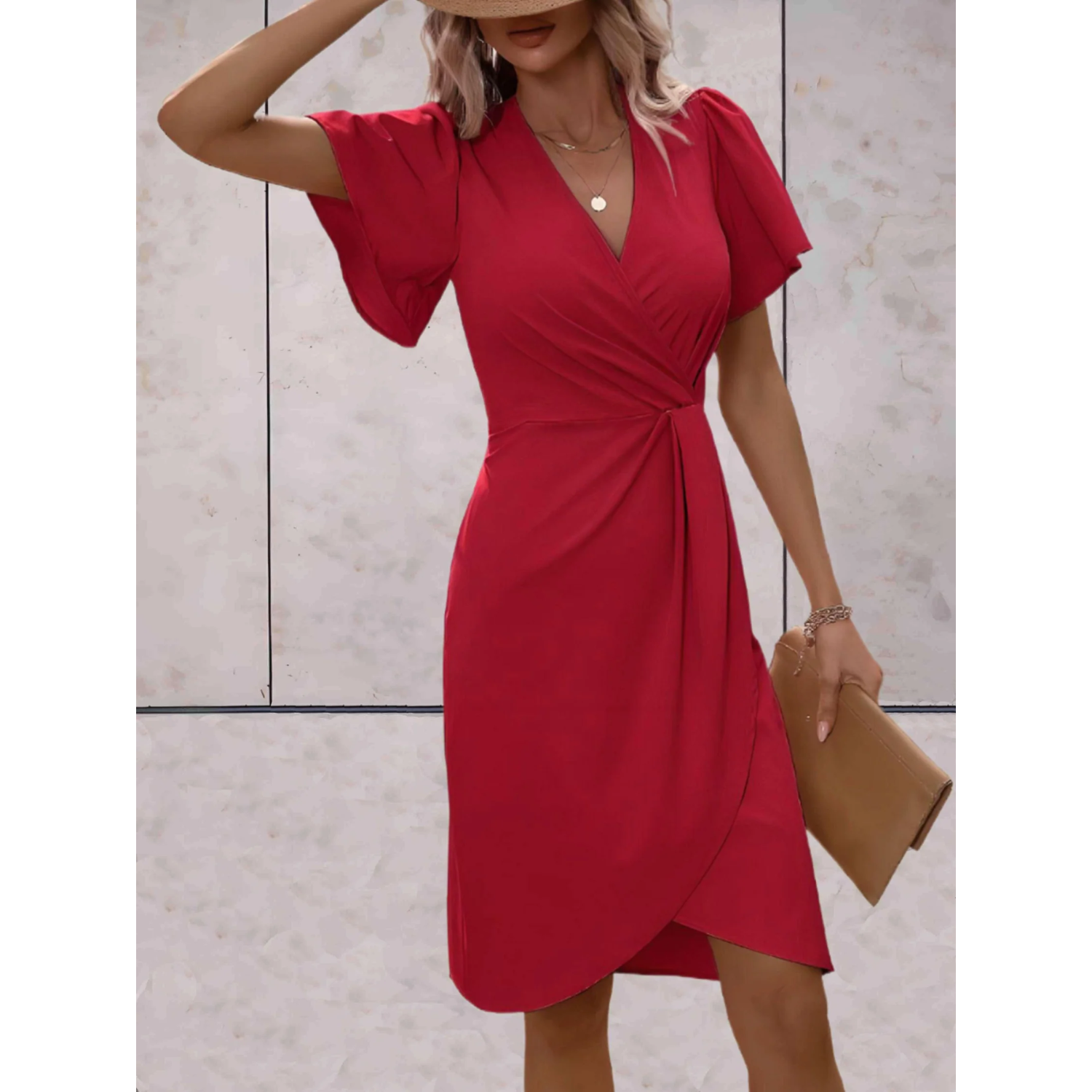 Women's V-Neck Midi Wrap Dress with Tie Waist for Formal Occasions
