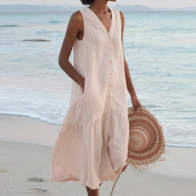 Women's V-Neck Sleeveless Dress with Lightweight Fabric Casual Fit