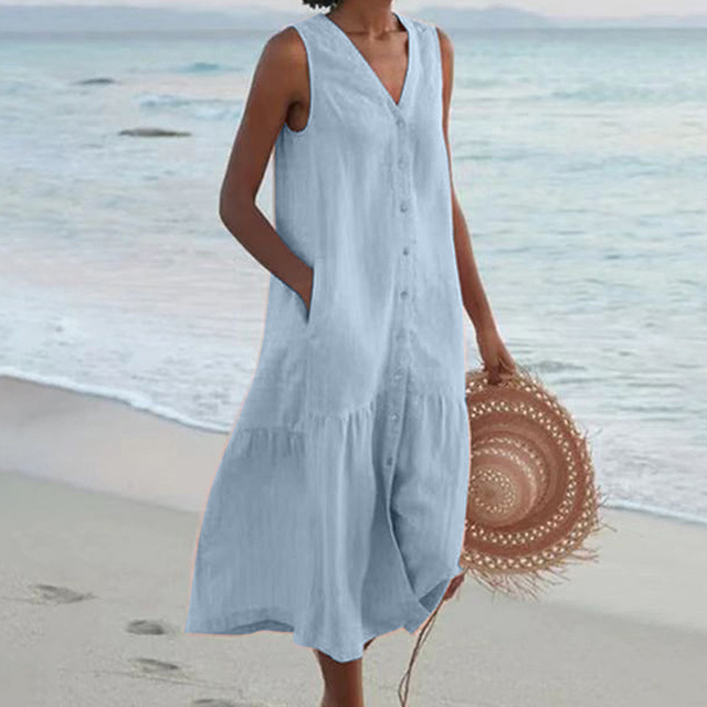 Women's V-Neck Sleeveless Dress with Lightweight Fabric Casual Fit