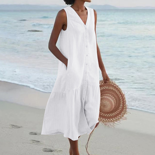 Women's V-Neck Sleeveless Dress with Lightweight Fabric Casual Fit