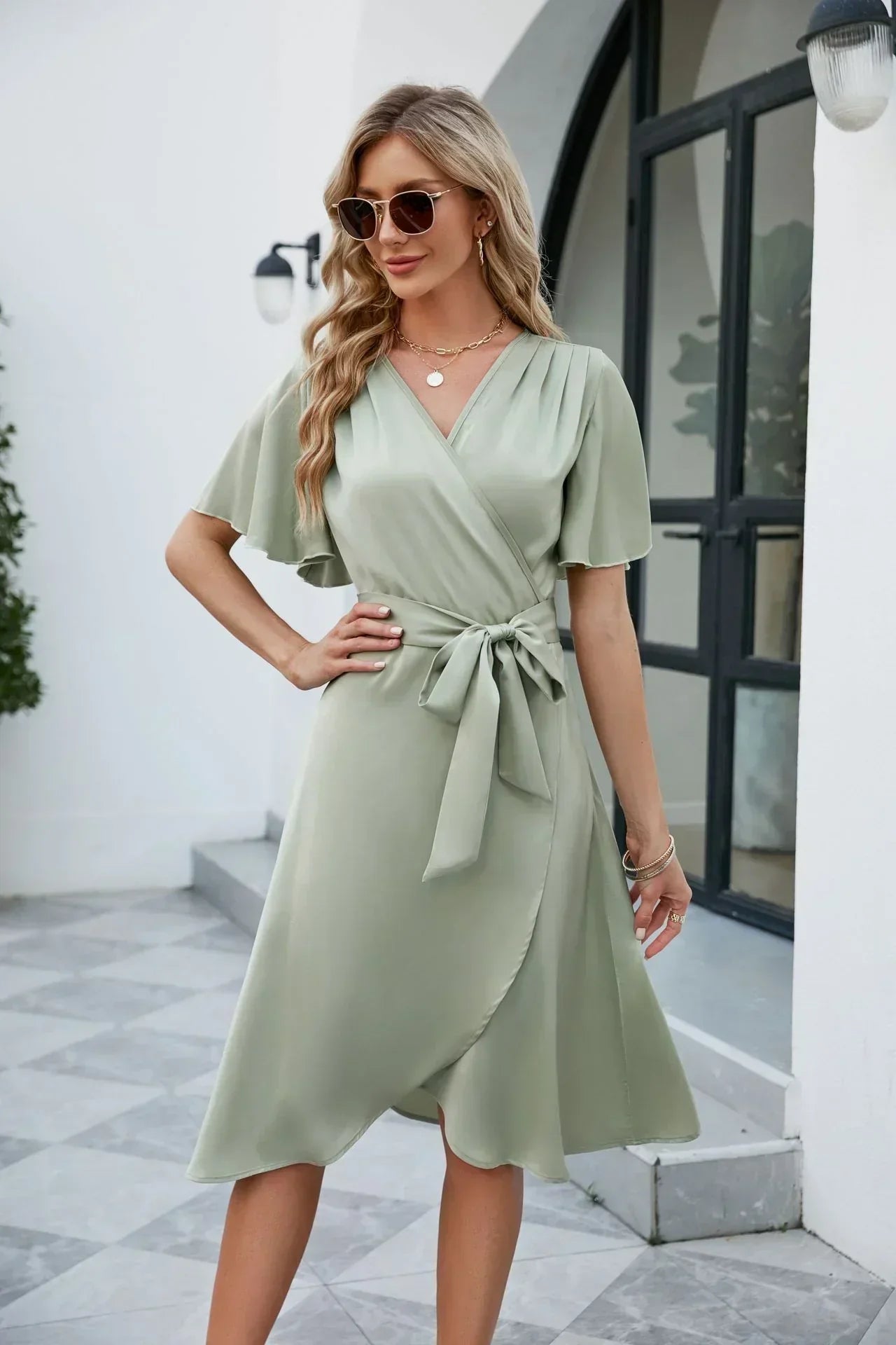 Women's Wrap Dress with V-Neck and Adjustable Waist Tie