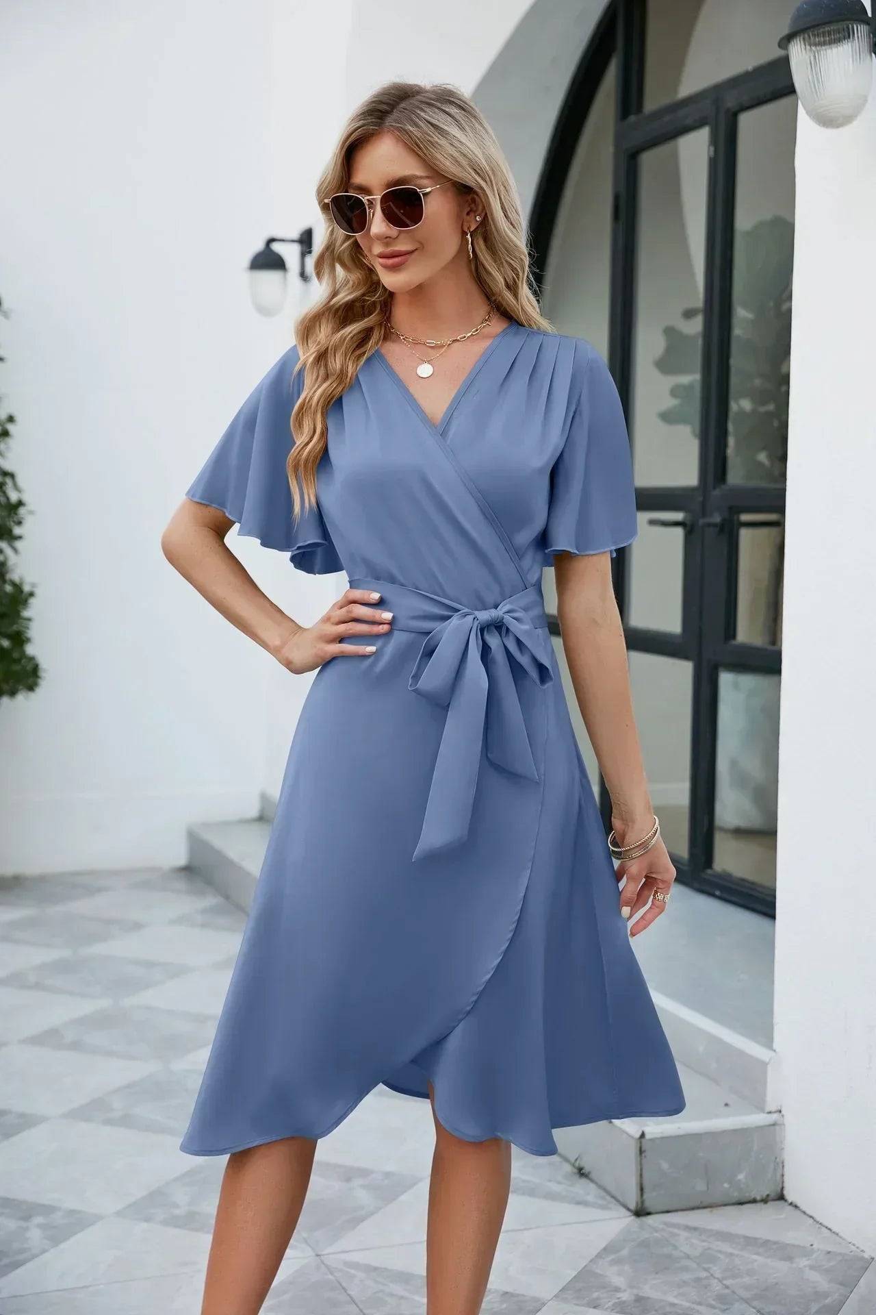 Women's Wrap Dress with V-Neck and Adjustable Waist Tie