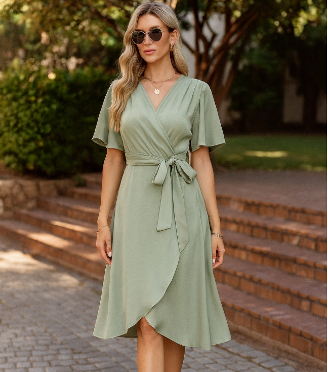 Women's Wrap Dress with V-Neck and Adjustable Waist Tie